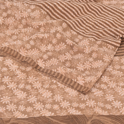 Sanskriti Vintage Sarees Brown Pure Crepe Silk Printed Sari 5yd Craft Sustainable Fabric