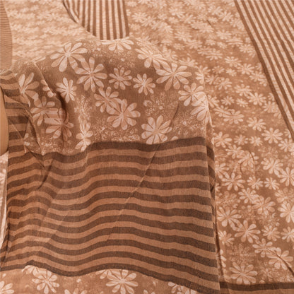 Sanskriti Vintage Sarees Brown Pure Crepe Silk Printed Sari 5yd Craft Sustainable Fabric