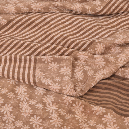 Sanskriti Vintage Sarees Brown Pure Crepe Silk Printed Sari 5yd Craft Sustainable Fabric