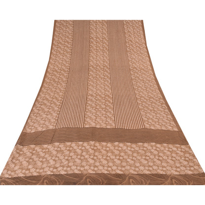 Sanskriti Vintage Sarees Brown Pure Crepe Silk Printed Sari 5yd Craft Sustainable Fabric