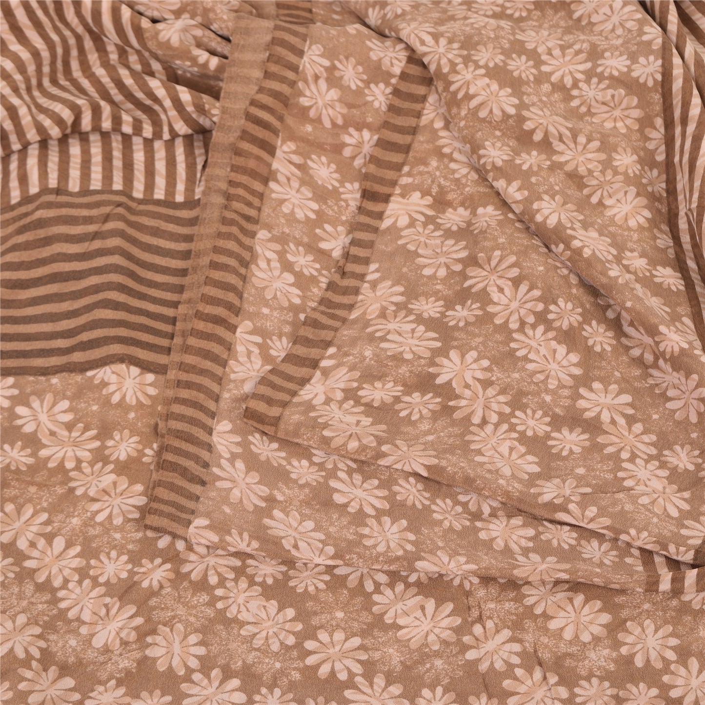 Sanskriti Vintage Sarees Brown Pure Crepe Silk Printed Sari 5yd Craft Sustainable Fabric