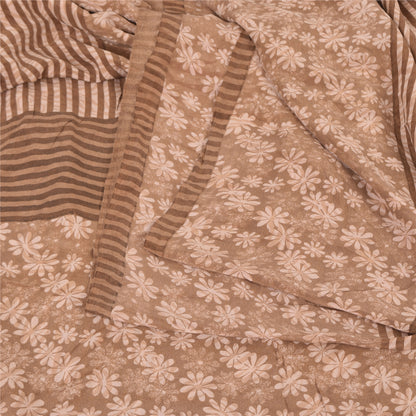 Sanskriti Vintage Sarees Brown Pure Crepe Silk Printed Sari 5yd Craft Sustainable Fabric