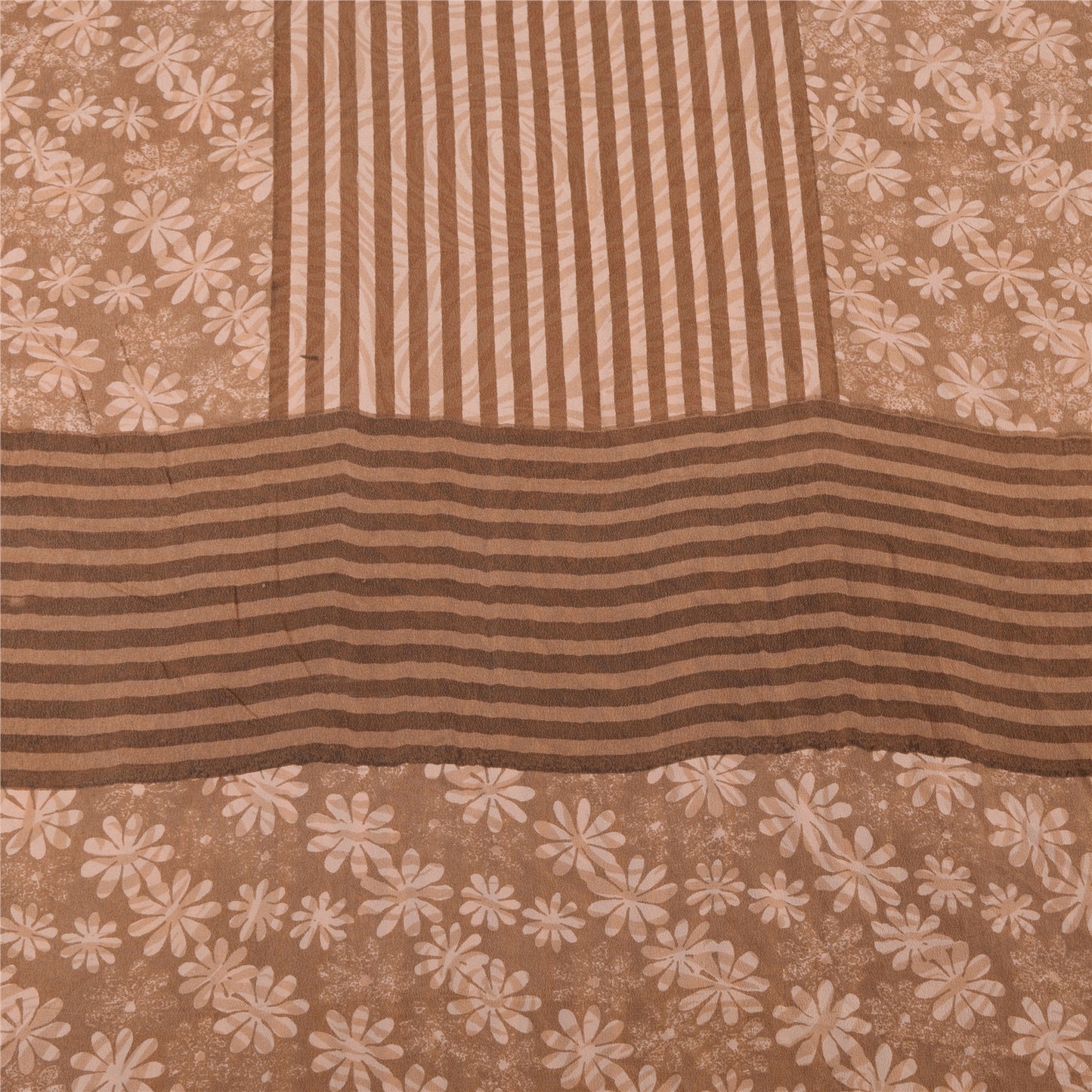 Sanskriti Vintage Sarees Brown Pure Crepe Silk Printed Sari 5yd Craft Sustainable Fabric