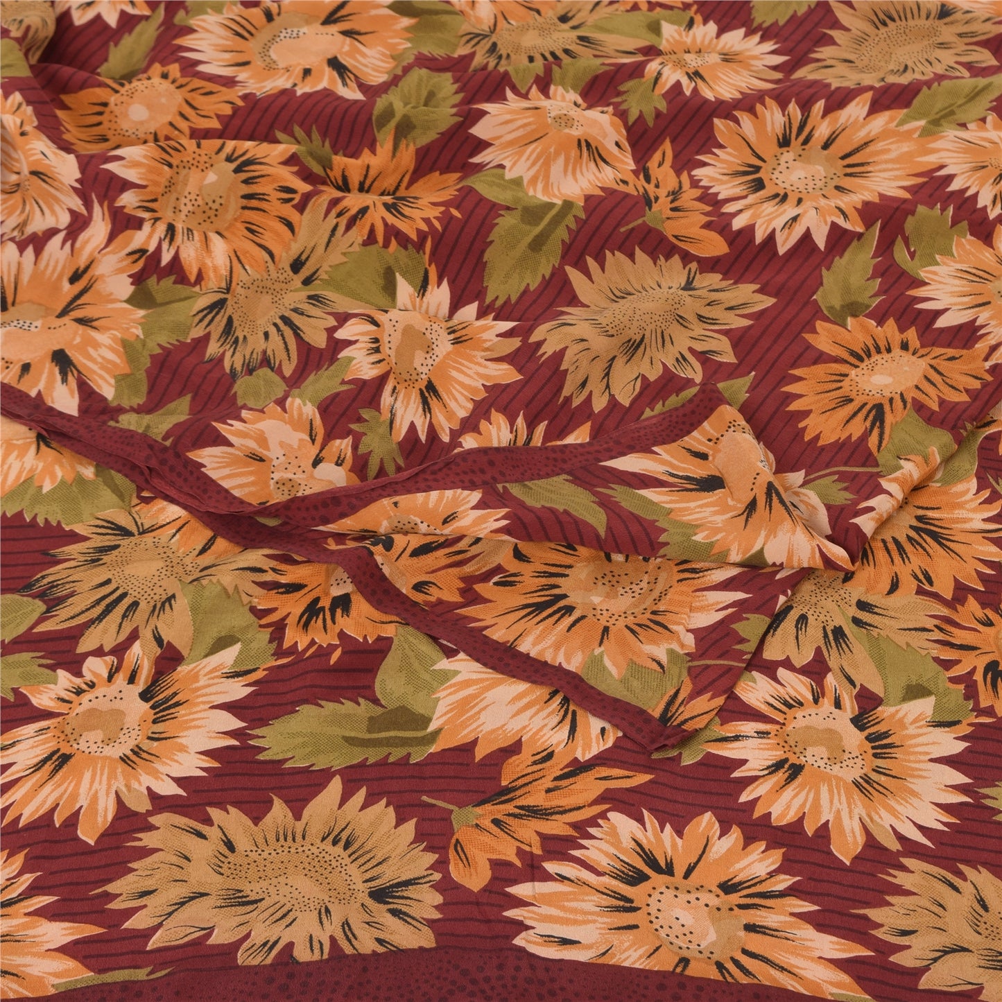 Sanskriti Vintage Sarees Dark Red Pure Crepe Silk Printed Sari 5yd Craft Sustainable Fabric