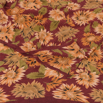 Sanskriti Vintage Sarees Dark Red Pure Crepe Silk Printed Sari 5yd Craft Sustainable Fabric