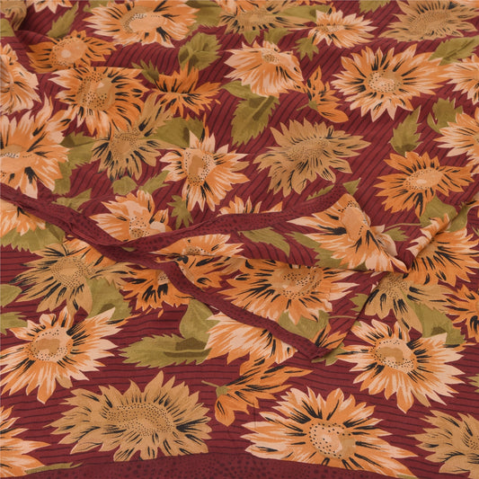Sanskriti Vintage Sarees Dark Red Pure Crepe Silk Printed Sari 5yd Craft Sustainable Fabric