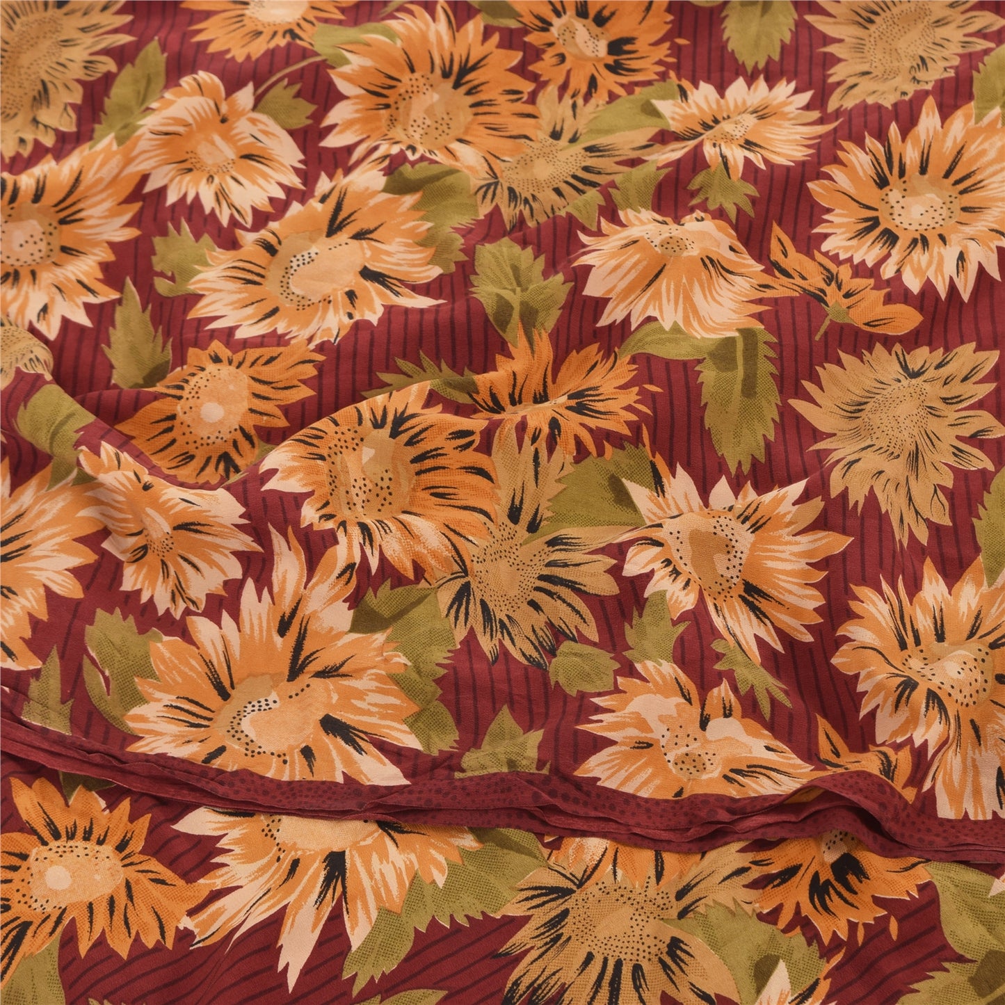 Sanskriti Vintage Sarees Dark Red Pure Crepe Silk Printed Sari 5yd Craft Sustainable Fabric