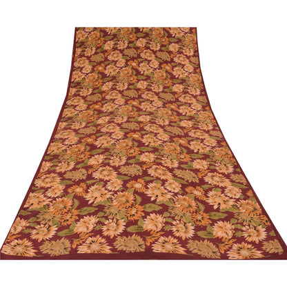 Sanskriti Vintage Sarees Dark Red Pure Crepe Silk Printed Sari 5yd Craft Sustainable Fabric