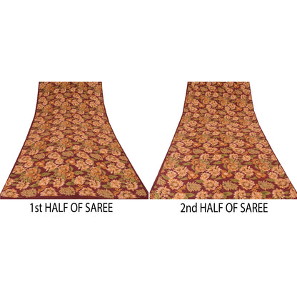 Sanskriti Vintage Sarees Dark Red Pure Crepe Silk Printed Sari 5yd Craft Sustainable Fabric
