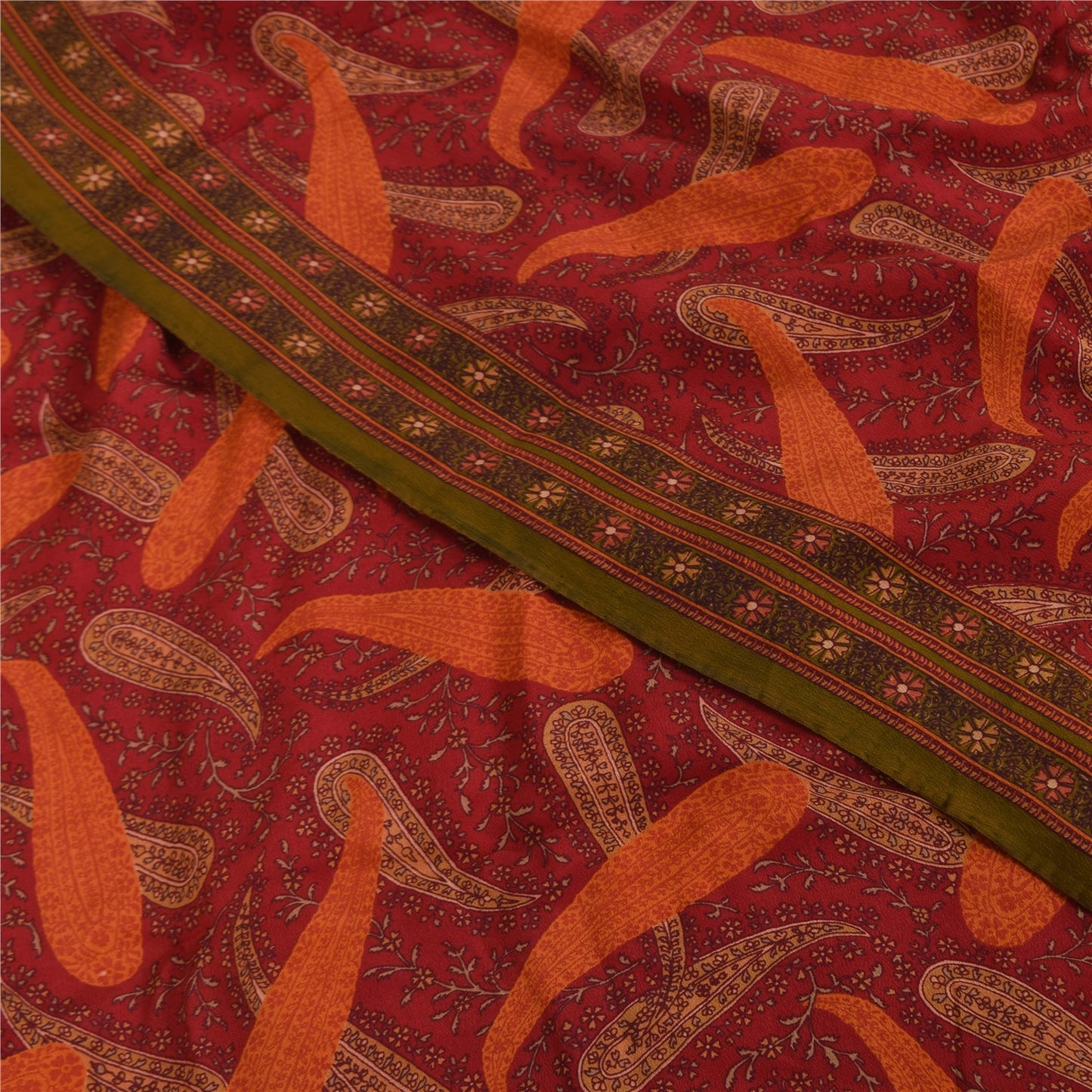 Sanskriti Vintage Sarees Indian Red Pure Crepe Silk Print Sari 5+yd Craft Sustainable Fabric