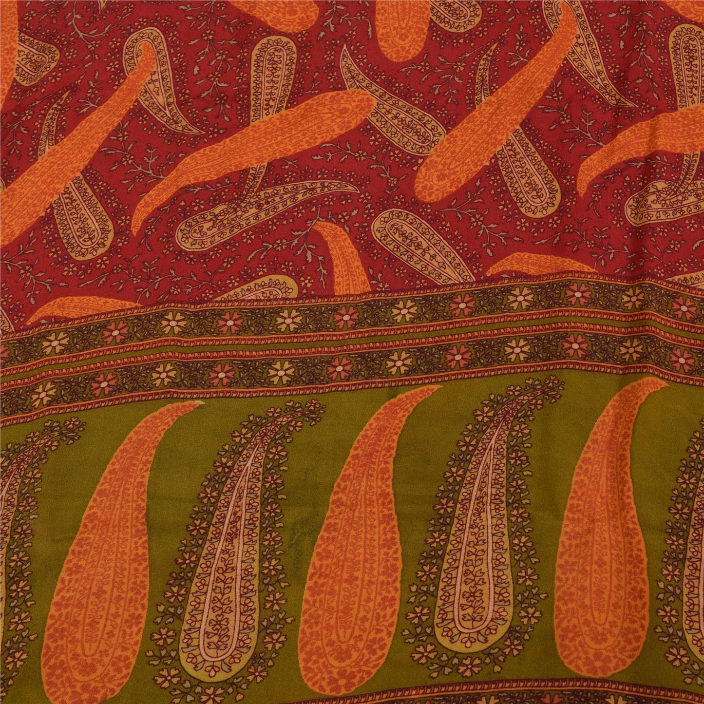 Sanskriti Vintage Sarees Indian Red Pure Crepe Silk Print Sari 5+yd Craft Sustainable Fabric