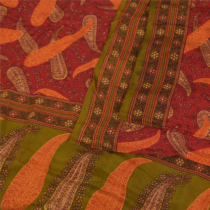 Sanskriti Vintage Sarees Indian Red Pure Crepe Silk Print Sari 5+yd Craft Sustainable Fabric