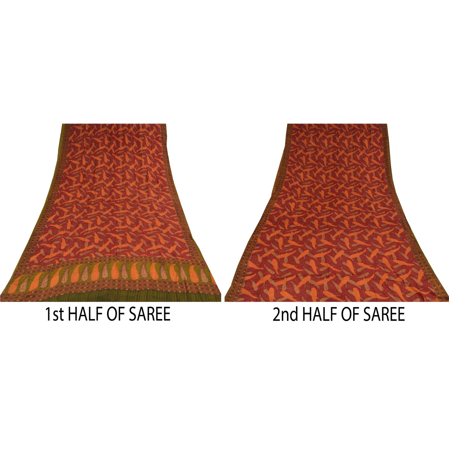 Sanskriti Vintage Sarees Indian Red Pure Crepe Silk Print Sari 5+yd Craft Sustainable Fabric