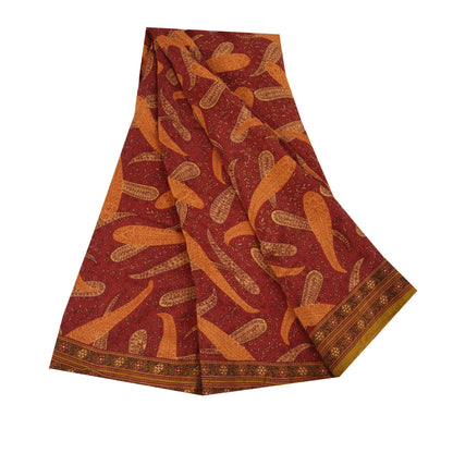 Sanskriti Vintage Sarees Indian Red Pure Crepe Silk Print Sari 5+yd Craft Sustainable Fabric