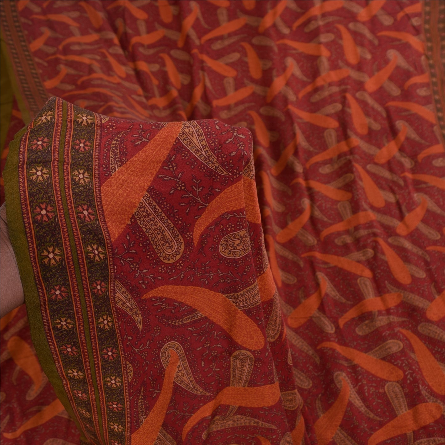 Sanskriti Vintage Sarees Indian Red Pure Crepe Silk Print Sari 5+yd Craft Sustainable Fabric