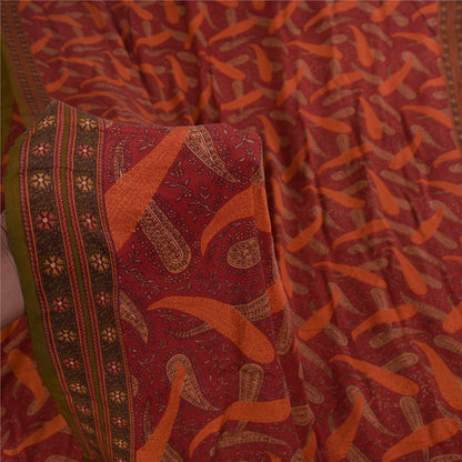 Sanskriti Vintage Sarees Indian Red Pure Crepe Silk Print Sari 5+yd Craft Sustainable Fabric