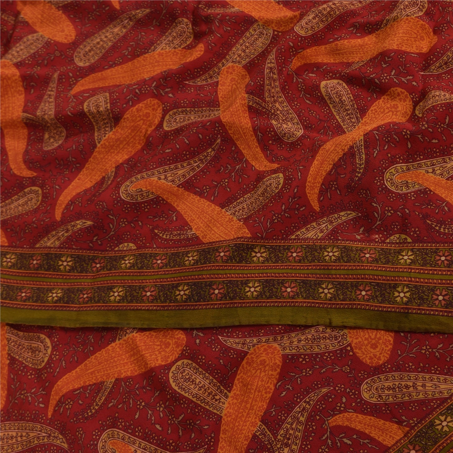 Sanskriti Vintage Sarees Indian Red Pure Crepe Silk Print Sari 5+yd Craft Sustainable Fabric
