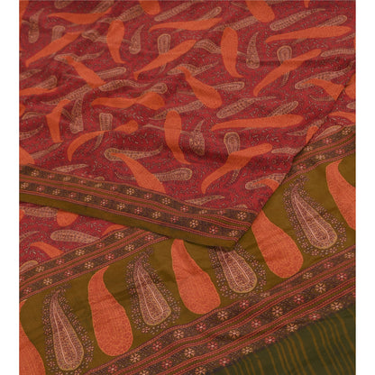 Sanskriti Vintage Sarees Indian Red Pure Crepe Silk Print Sari 5+yd Craft Sustainable Fabric