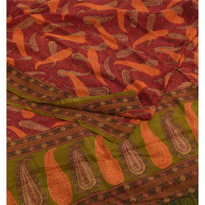Sanskriti Vintage Sarees Indian Red Pure Crepe Silk Print Sari 5+yd Craft Sustainable Fabric