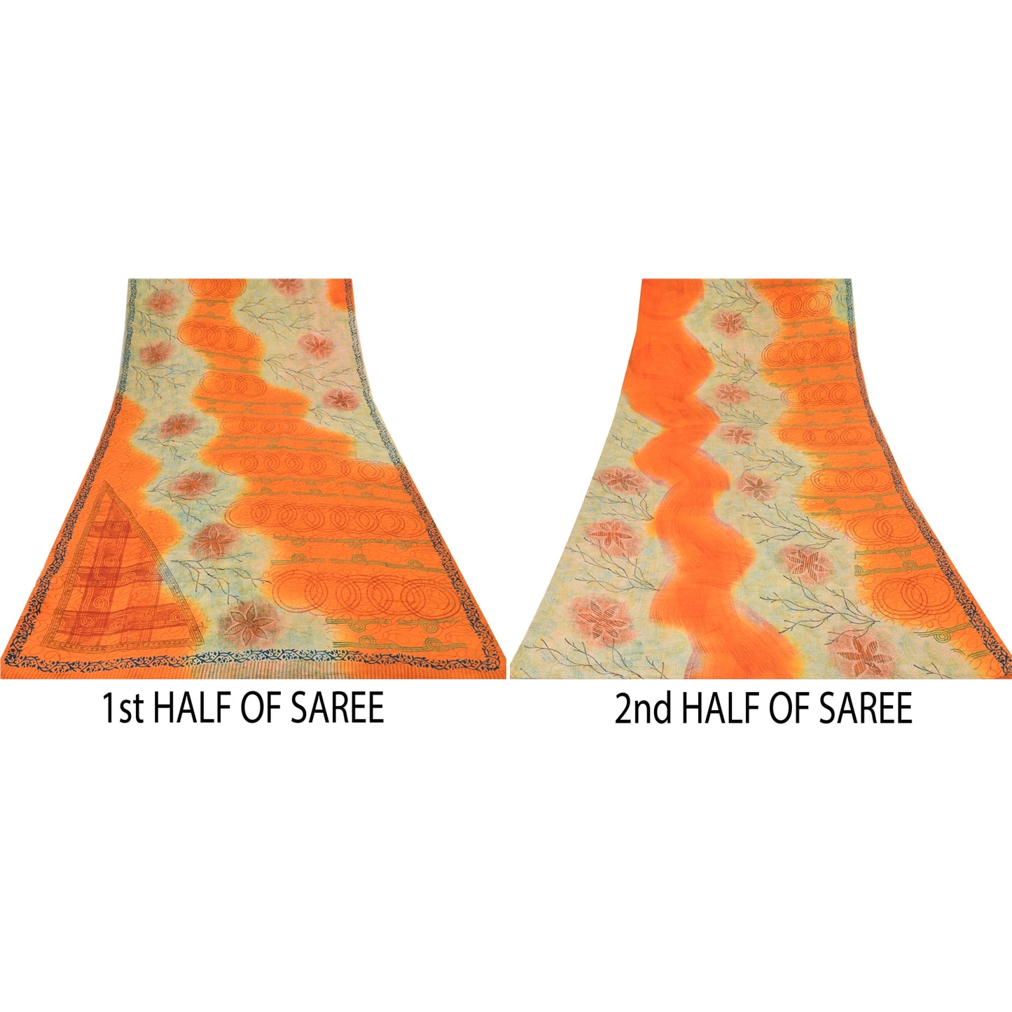 Sanskriti Vintage Sarees Orange/Cream Pure Crepe Printed Sari 5yd Craft Sustainable Fabric