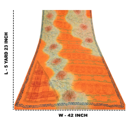 Sanskriti Vintage Sarees Orange/Cream Pure Crepe Printed Sari 5yd Craft Sustainable Fabric