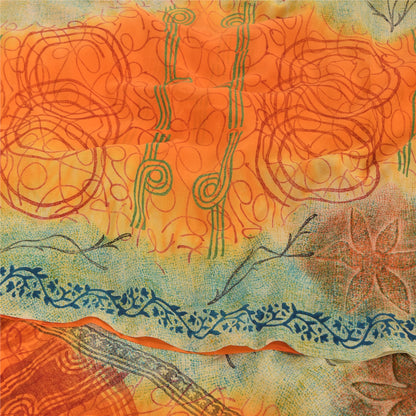 Sanskriti Vintage Sarees Orange/Cream Pure Crepe Printed Sari 5yd Craft Sustainable Fabric