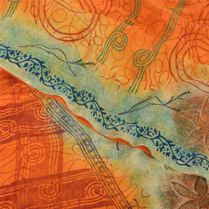 Sanskriti Vintage Sarees Orange/Cream Pure Crepe Printed Sari 5yd Craft Sustainable Fabric