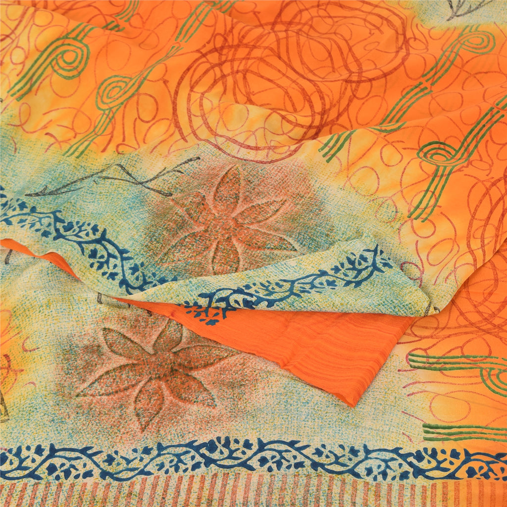 Sanskriti Vintage Sarees Orange/Cream Pure Crepe Printed Sari 5yd Craft Sustainable Fabric