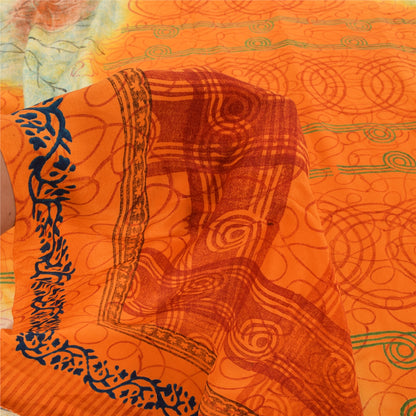 Sanskriti Vintage Sarees Orange/Cream Pure Crepe Printed Sari 5yd Craft Sustainable Fabric