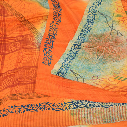 Sanskriti Vintage Sarees Orange/Cream Pure Crepe Printed Sari 5yd Craft Sustainable Fabric