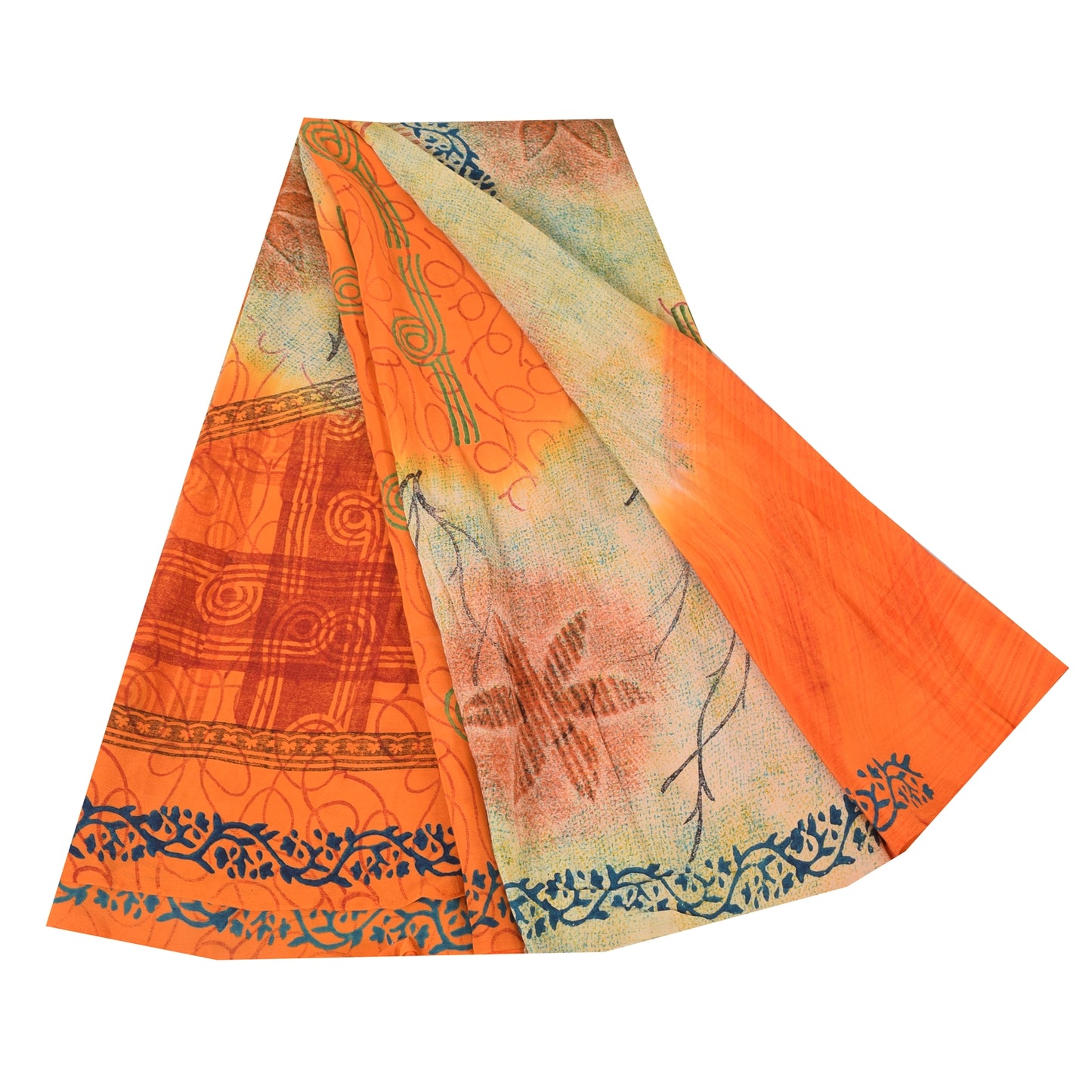 Sanskriti Vintage Sarees Orange/Cream Pure Crepe Printed Sari 5yd Craft Sustainable Fabric