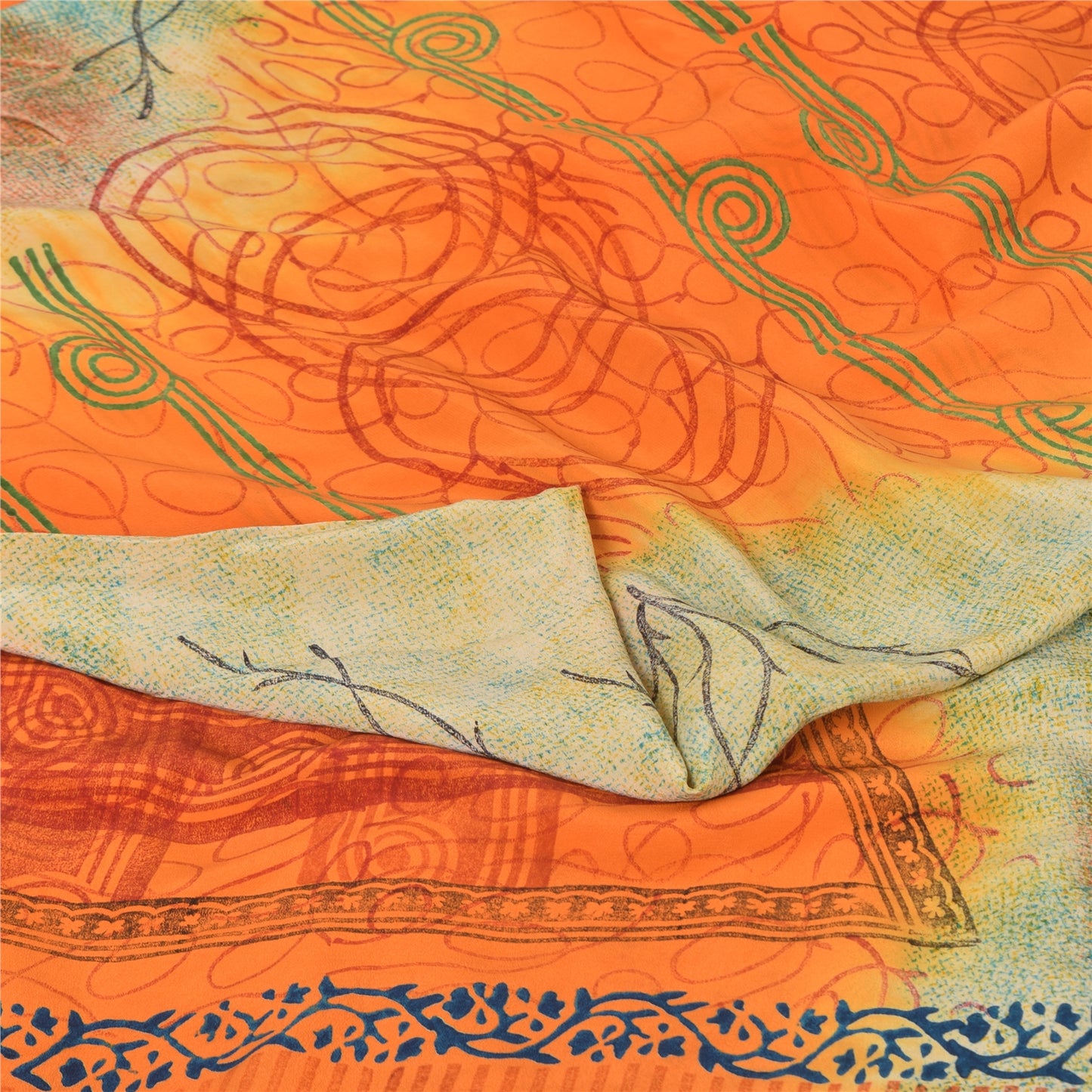 Sanskriti Vintage Sarees Orange/Cream Pure Crepe Printed Sari 5yd Craft Sustainable Fabric