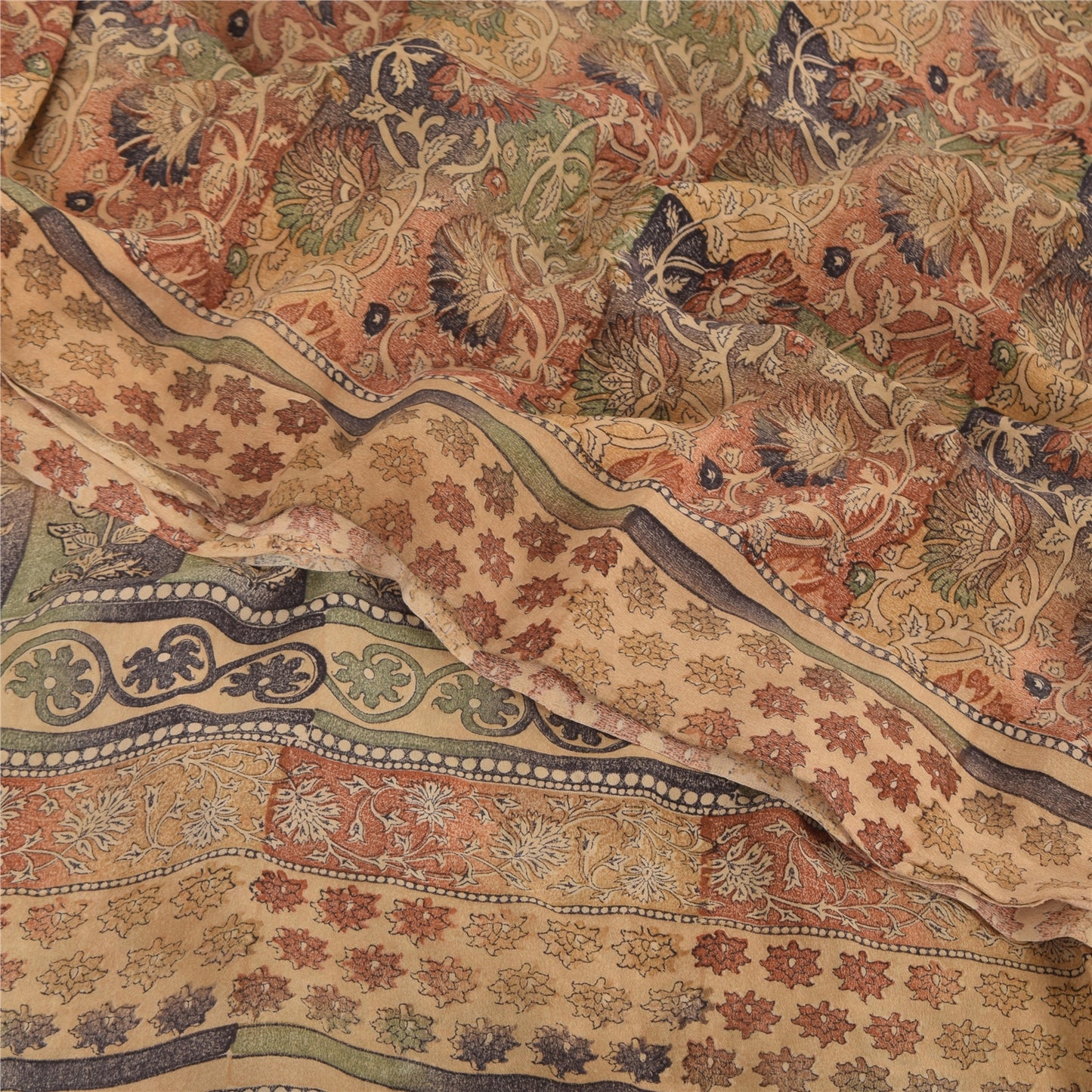 Sanskriti Vintage Sarees Peach 100%Pure Crepe Silk Printed Sari 5yd Craft Sustainable Fabric