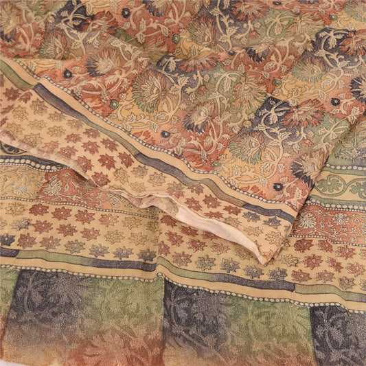 Sanskriti Vintage Sarees Peach 100%Pure Crepe Silk Printed Sari 5yd Craft Sustainable Fabric