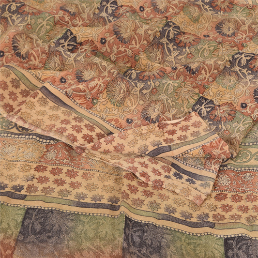 Sanskriti Vintage Sarees Peach 100%Pure Crepe Silk Printed Sari 5yd Craft Sustainable Fabric