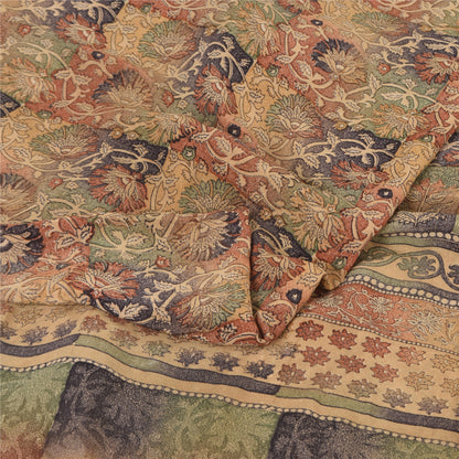 Sanskriti Vintage Sarees Peach 100%Pure Crepe Silk Printed Sari 5yd Craft Sustainable Fabric