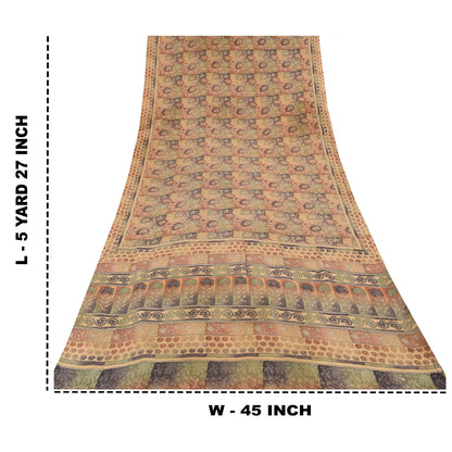 Sanskriti Vintage Sarees Peach 100%Pure Crepe Silk Printed Sari 5yd Craft Sustainable Fabric