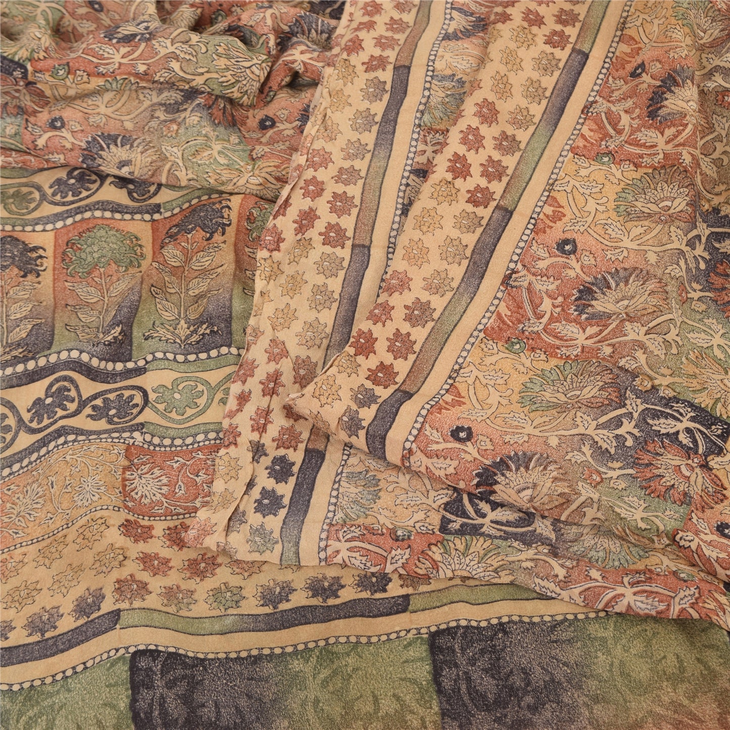 Sanskriti Vintage Sarees Peach 100%Pure Crepe Silk Printed Sari 5yd Craft Sustainable Fabric