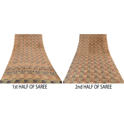 Sanskriti Vintage Sarees Peach 100%Pure Crepe Silk Printed Sari 5yd Craft Sustainable Fabric