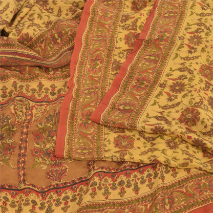 Sanskriti Vintage Sarees Pale Yellow Pure Crepe Silk Print Sari 6yd Craft Sustainable Fabric
