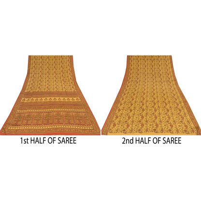 Sanskriti Vintage Sarees Pale Yellow Pure Crepe Silk Print Sari 6yd Craft Sustainable Fabric