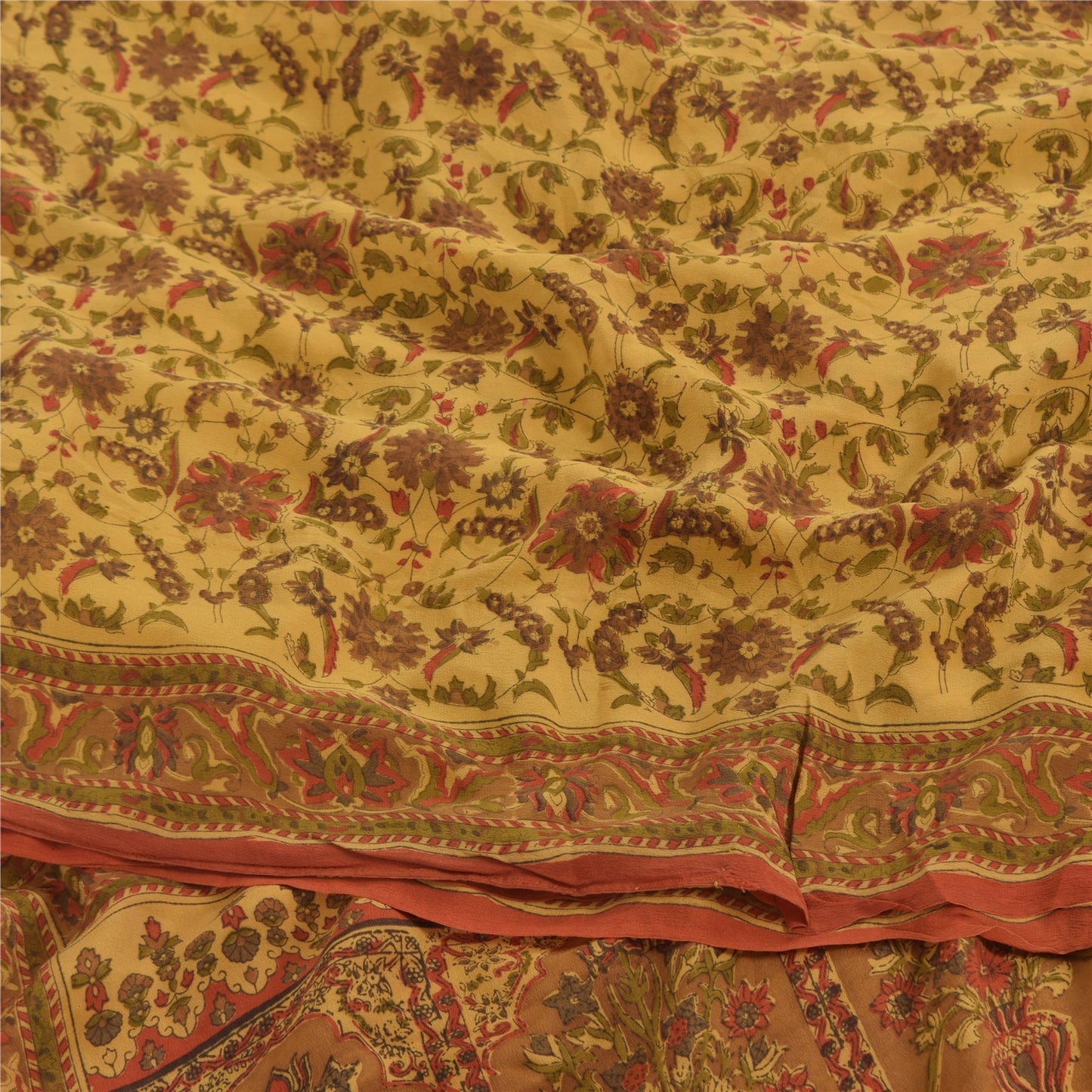 Sanskriti Vintage Sarees Pale Yellow Pure Crepe Silk Print Sari 6yd Craft Sustainable Fabric