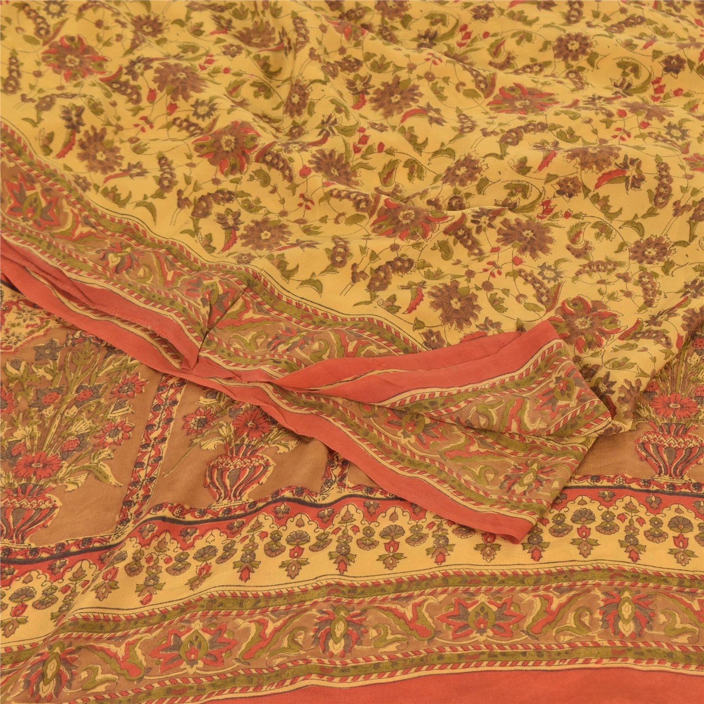 Sanskriti Vintage Sarees Pale Yellow Pure Crepe Silk Print Sari 6yd Craft Sustainable Fabric