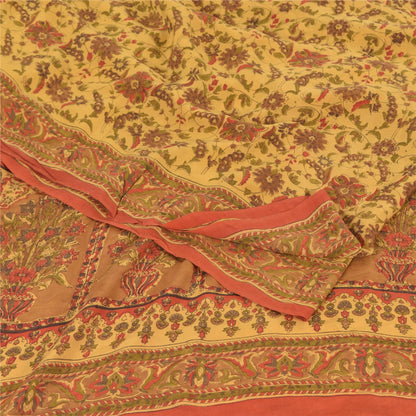 Sanskriti Vintage Sarees Pale Yellow Pure Crepe Silk Print Sari 6yd Craft Sustainable Fabric