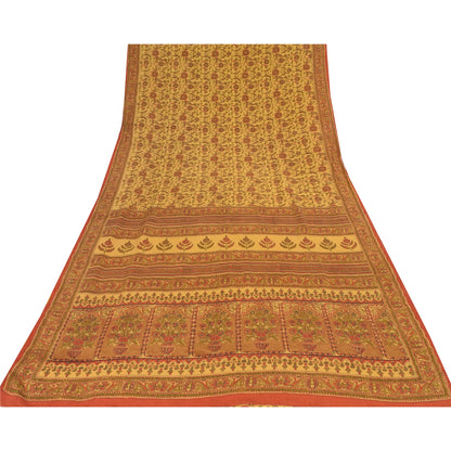 Sanskriti Vintage Sarees Pale Yellow Pure Crepe Silk Print Sari 6yd Craft Sustainable Fabric