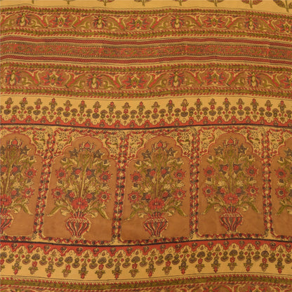 Sanskriti Vintage Sarees Pale Yellow Pure Crepe Silk Print Sari 6yd Craft Sustainable Fabric