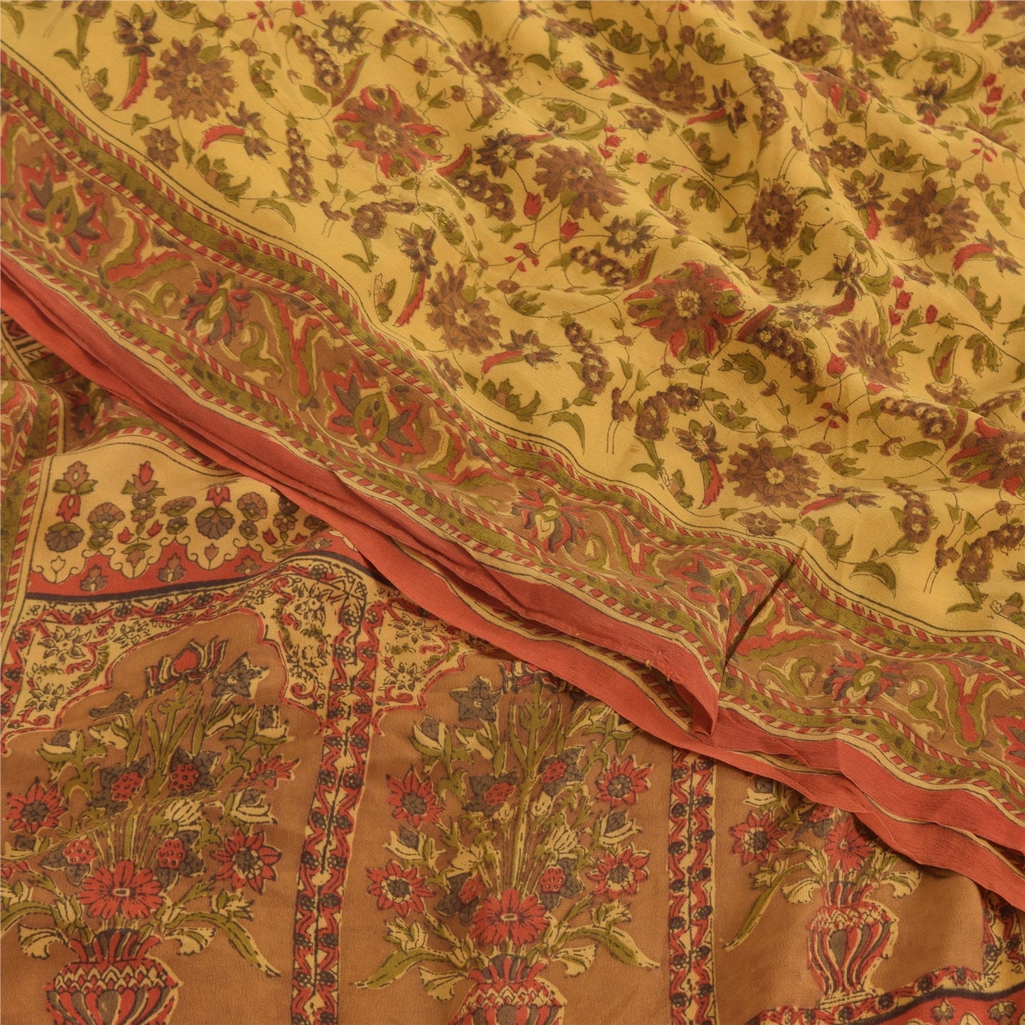 Sanskriti Vintage Sarees Pale Yellow Pure Crepe Silk Print Sari 6yd Craft Sustainable Fabric
