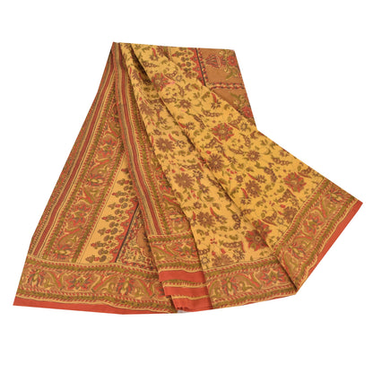 Sanskriti Vintage Sarees Pale Yellow Pure Crepe Silk Print Sari 6yd Craft Sustainable Fabric