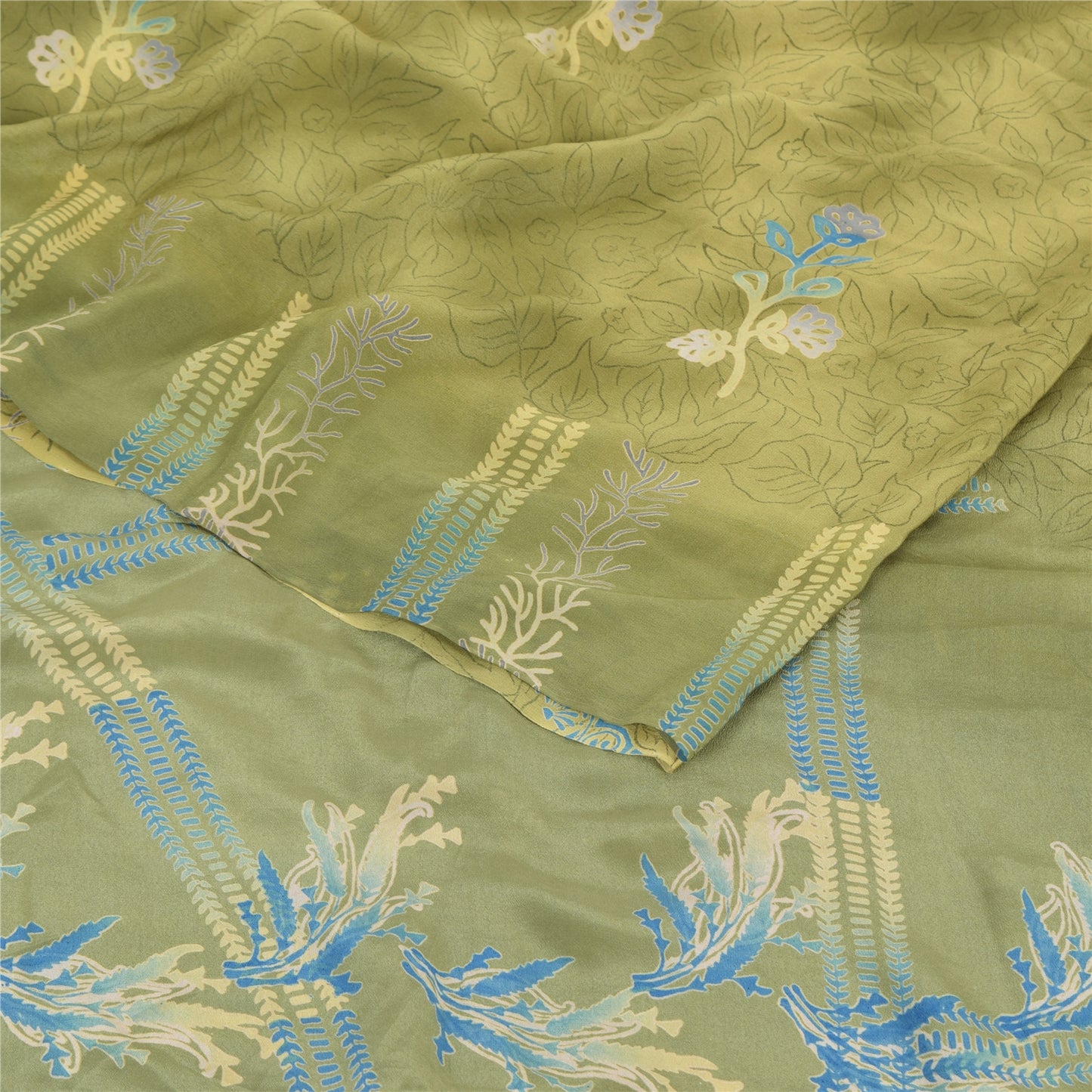 Sanskriti Vintage Sarees Green Pure Crepe Silk Printed Sari 5yd Craft Sustainable Fabric