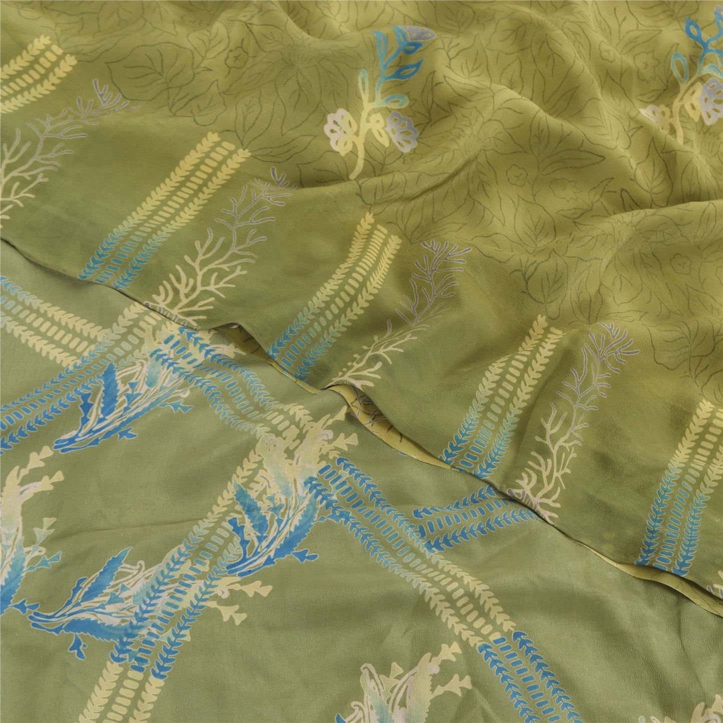 Sanskriti Vintage Sarees Green Pure Crepe Silk Printed Sari 5yd Craft Sustainable Fabric
